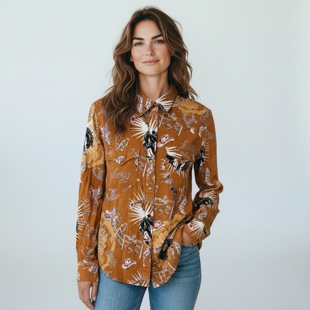 Wrangler Retro Long Live Cowboys Women's Shirt Medium Brown Pre-Owned